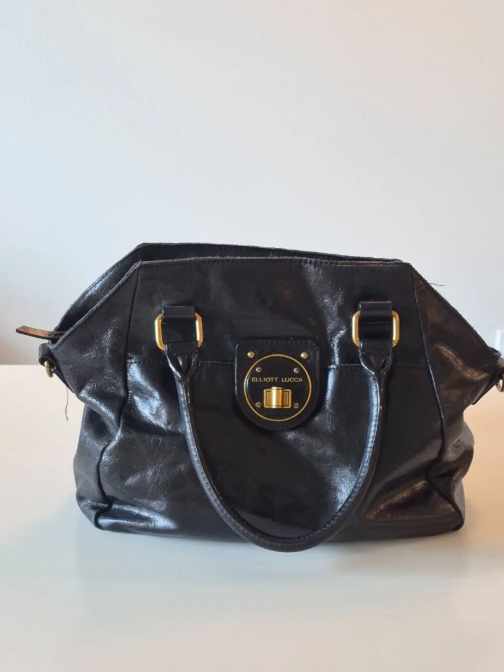Elliott Lucca Black Genuine Leather Satchel Gold Turn Lock Handbag Purse